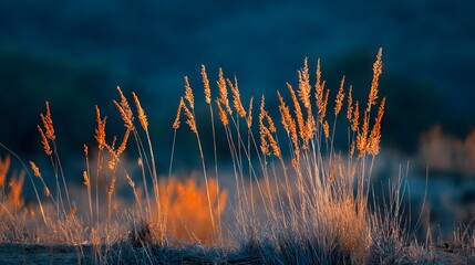 Dried grass stalks glow with warm orange light against a deep blue background