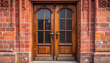 Detailed Wooden Door With Glass Panes and Red Brick Wall Facade Under Bright Sunlight Exterior of Building