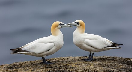 Northern Gannets Bonding on a Rocky Outcrop by the Sea.