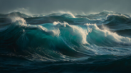 Fototapeta premium Powerful ocean waves in motion with glowing crests and foamy spray. Ideal for editorial, nature, environmental, or conceptual photography themes.