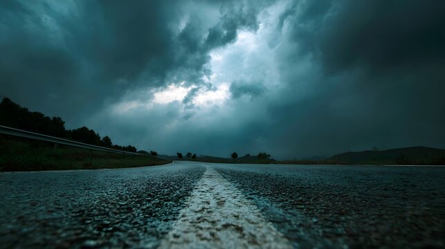 Wet asphalt roadway stretches toward distant hills under a dramatic, dark cloud formation