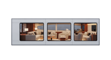Luxury Yacht Interior Living Area With Three Window Views