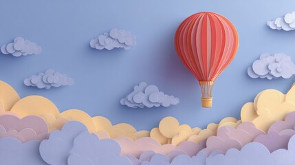 Fototapeta premium Colorful paper-cut style, with clouds and sun and hot air balloons