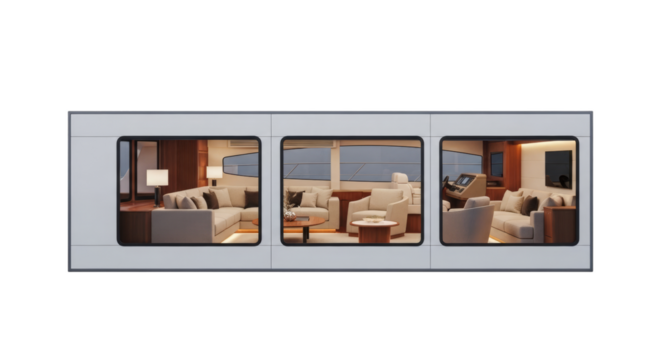 Luxury Yacht Interior Living Area With Three Window Views