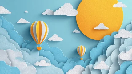 Fotobehang Regenboog Colorful paper-cut style, with clouds and sun and hot air balloons  © Camalia MN