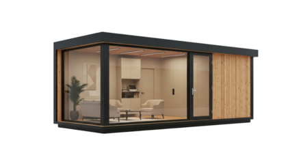 Modern Garden Office Pod with Glass Walls and Wood Cladding
