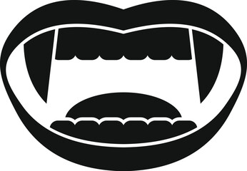 Open mouth with prominent fangs and visible tongue, representing a vampire, in a simple black and white style