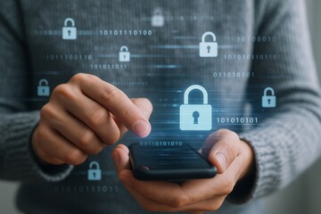 Person using smartphone with digital security padlock icons and binary code overlay symbolizing data protection and cybersecurity concept. Ai generative