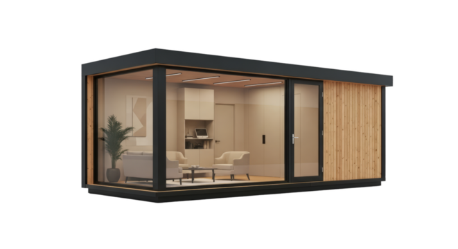 Modern Garden Office Pod with Glass Walls and Wood Cladding