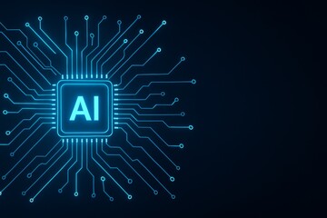 Glowing AI microchip with circuit lines representing artificial intelligence and digital neural networks on futuristic dark background. Ai generative