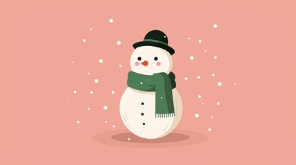 Flat design snowman vector art with pastel-colored background and falling white dots, simple shapes and minimalistic style for Christmas card, holiday branding, and festive winter projects.