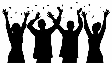 Silhouette of four people celebrating with their arms raised under falling confetti or small objects