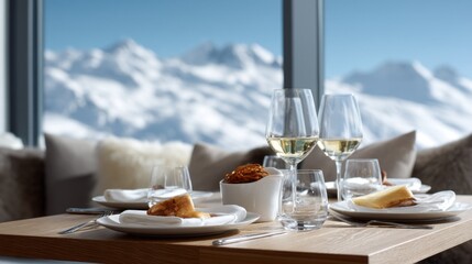 A cozy table fills with delicious cheese fondue, accompanied by fresh bread and wine glasses. A stunning snowy mountain landscape captivates nearby diners, creating a perfect winter retreat