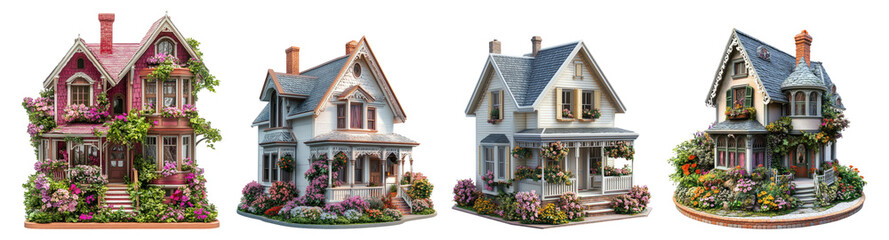 Charming Colorful Houses Surrounded by Lush Gardens and Flowers, Isolated on Transparent Background