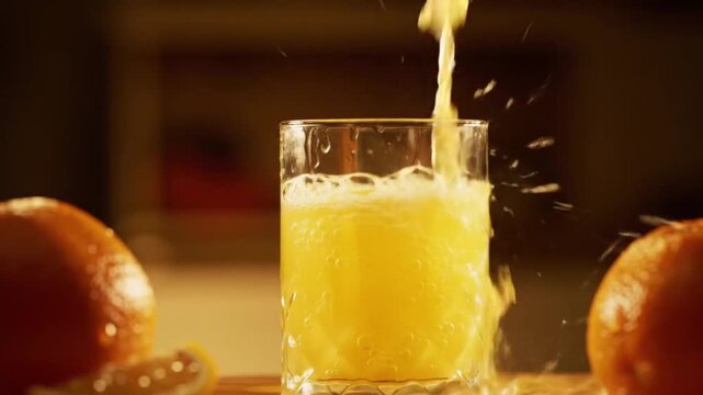 Refreshing orange juice pouring in glass with vibrant splash, creating a dynamic and healthy breakfast scene, perfect for promoting wellness