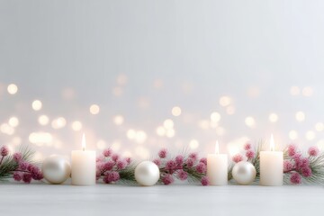 Elegant arrangement of white candles and festive ornaments on a soft surface, surrounded by delicate greenery and warm bokeh lights, creating a cozy holiday atmosphere