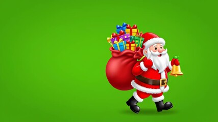 Animated cartoon Santa Claus walking with a sack of gifts. Cheerful character ringing a bell on a green screen background. Christmas holiday celebration concept with copy space - Powered by Adobe