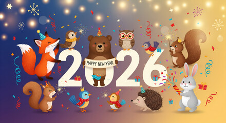 Happy New Year 2026 Cute Animals Illustration