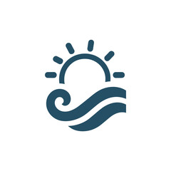 minimalist logo featuring a stylized sun rising above ocean waves, conveying a sense of serenity.