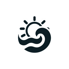 icon of sun and wave, representing ocean or beach.