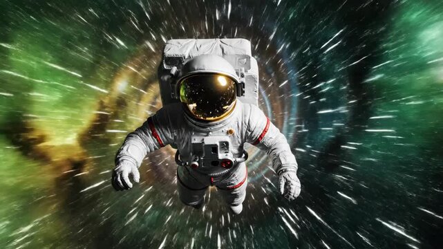 Astronaut flying through a colorful wormhole at the speed of light. Sci-fi concept of an interstellar journey through a hyperspace tunnel. Space exploration animation