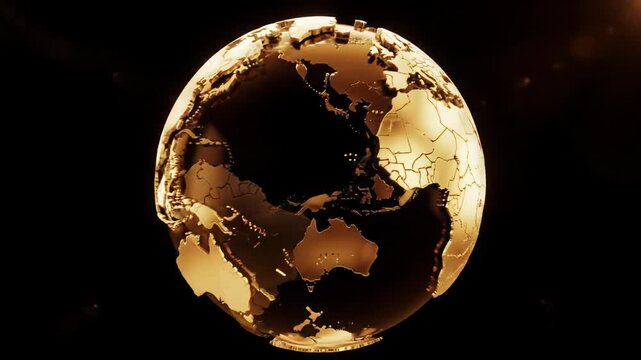 Opulent, burnished metallic gold globe depicting Earth slowly rotates clockwise with dazzling golden highlights against an abyssal black void, concept of profound luxury and global wealth
