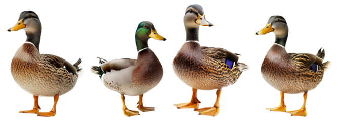 Colorful Ducks in Various Poses Displaying Their Unique Features, Isolated on Transparent Background
