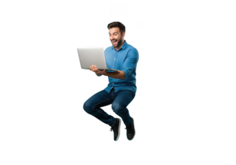 Happy man jumping in air with laptop, smiling while working remotely isolated on transparent background