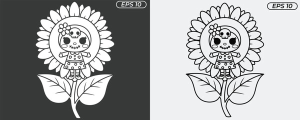 Cute cartoon sunflower character with happy face and leaves for coloring fun