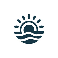 sun rising over ocean waves, simple circular logo design.