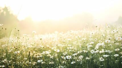 Fototapeta premium Serene field of daisies basking in golden sunlight with soft background hills and a peaceful ambiance