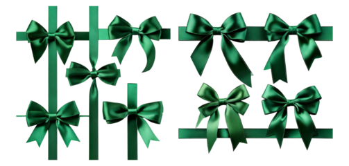 Elegant Green Bows on Ribbons for Holiday Decoration and Crafts, Isolated on Transparent, white background