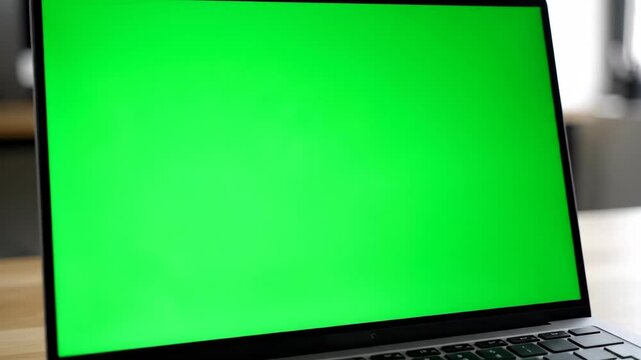 Modern laptop with a green screen on a wooden desk. Zooming in on a blank chroma key display for a mockup. Technology and remote work concept