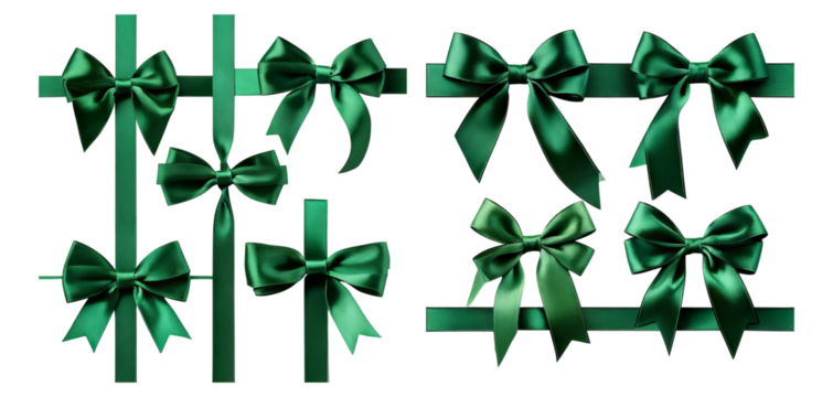 Elegant Green Bows on Ribbons for Holiday Decoration and Crafts, Isolated on Transparent, white background