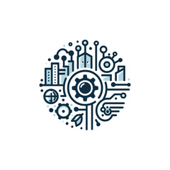 circular logo illustrating the integration of technology, urban development, and environmental sustainability, featuring gears, buildings, circuits, and a leaf.