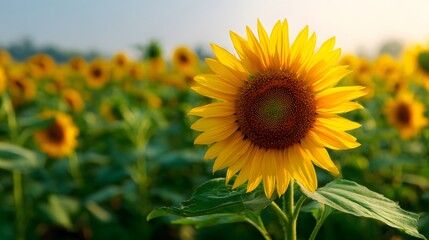 Fototapeta premium Radiant sunflower blooms prominently in a vast summer field under bright sunlight.