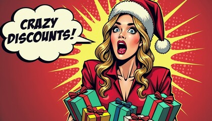 Shocked woman in a Santa hat holding gift boxes with Crazy Discounts! on a red explosion backdrop