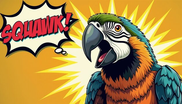 Colorful parrot squawking in comic style with vibrant background  