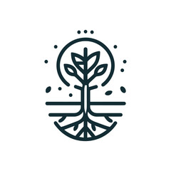 stylized tree with roots and leaves, set against a circular background with dots.