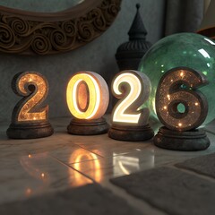 3D golden new year 3D number celebration illustration with calendar and symbols