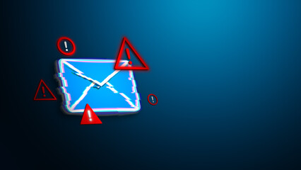 Email alert and virus warning concept with glitch envelope icon and red exclamation symbols representing spam notification cybersecurity issues
