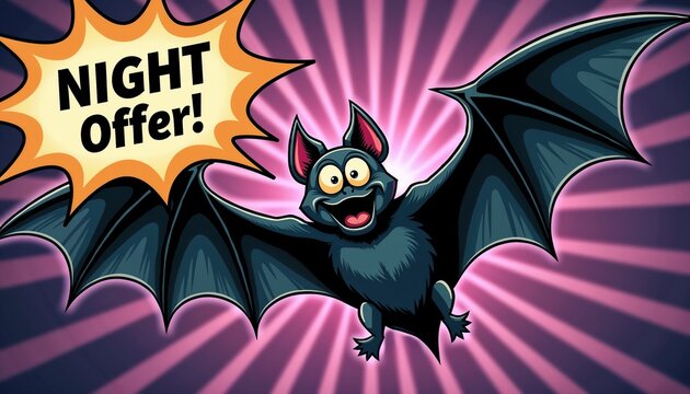 Shocked bat flying with wide eyes and Night Offer! on a purple rays backdrop