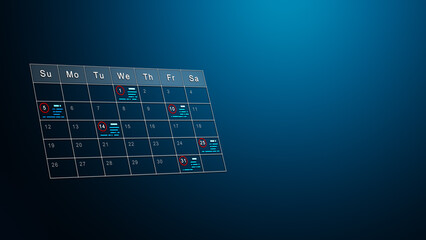 Calendar Interface with Highlighted Event Dates on Blue Gradient Background. Modern Planning and Scheduling Illustration