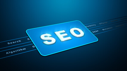 SEO concept illustration with glowing blue typography, keywords, and digital interface elements for online marketing and search engines