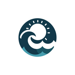 modern circular logo depicting a stylized ocean wave and a shining sun on a white background.