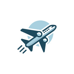 airplane icon taking off with a light blue circular background, representing travel and aviation.