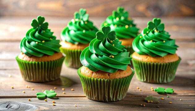 Festive cupcakes decorated with green frosting, gold sprinkles, and shamrocks for St. Patrick’s Day, arranged on rustic wood. - Powered by Adobe