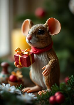 A figurine of a mouse holding gifts in his hand mouse from the fairy tale about the nutcracker shallow depth of field nutcrackers holiday  decoration christmas toy festive merry celebration