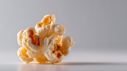 Single piece of puffed corn rests on a reflective white surface against a light gray background.