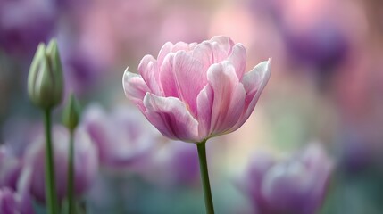 Beautiful pale pink tulip flower illuminates against a soft, colorful background